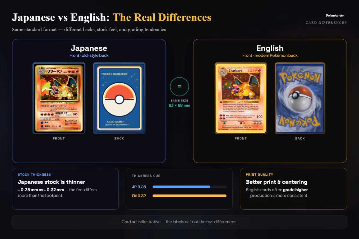 Japanese vs English: the Real Differences" | `Japanese versus English Pokémon card differences: back design, thickness, and print quality side by side