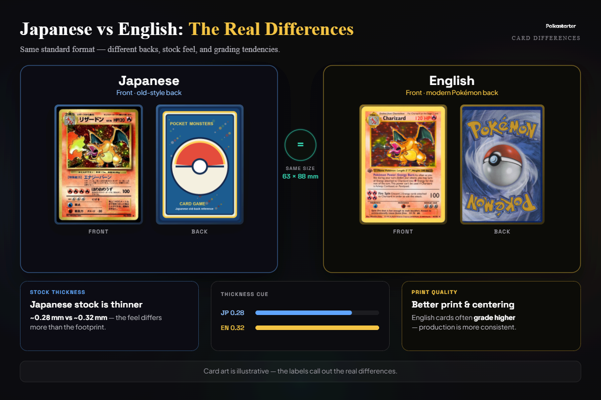 Japanese vs English: the Real Differences" | `Japanese versus English Pokémon card differences: back design, thickness, and print quality side by side