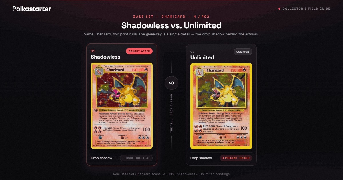A shadowless Base Set Pokémon card beside the Unlimited version, with the missing drop shadow on the artwork box highlighted