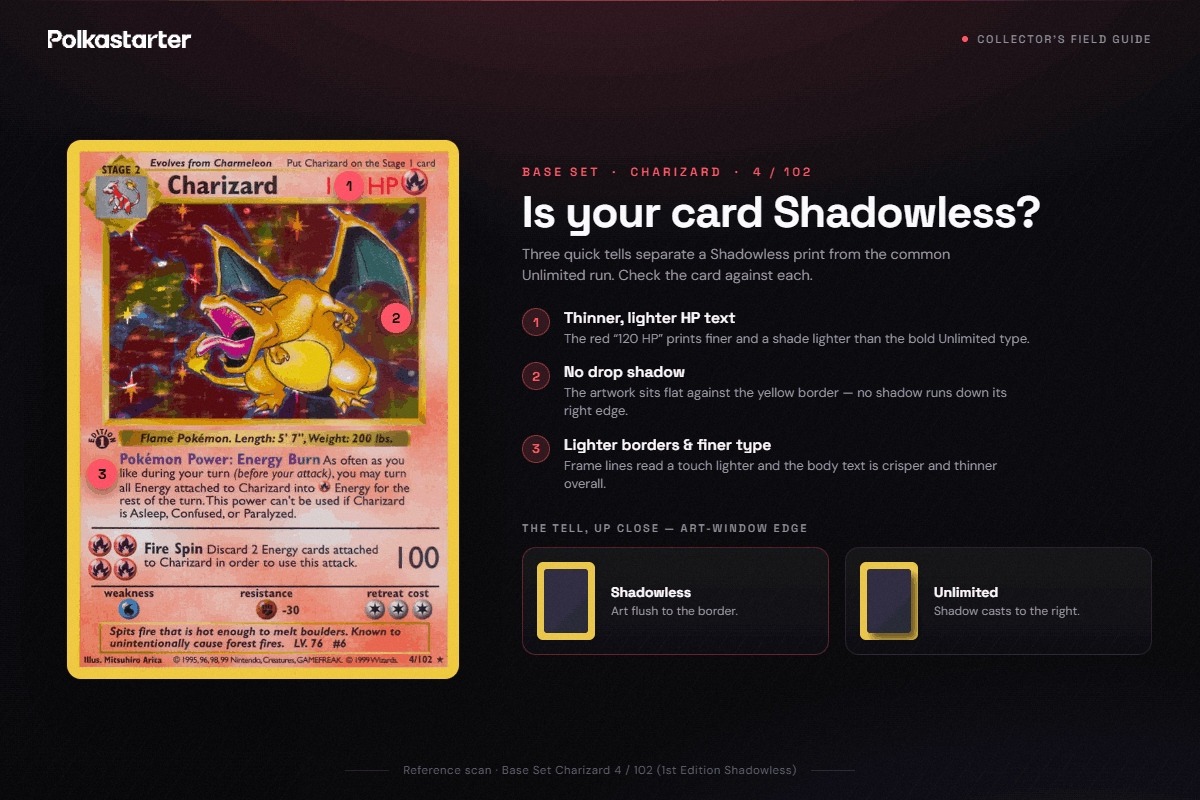 How to Tell If Your Card Is Shadowless, Shadowless Pokémon card identification: no drop shadow on the art box, thinner HP text, and lighter borders