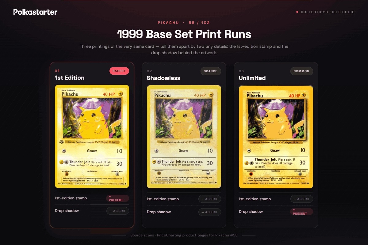 Shadow vs Shadowless vs Unlimited, The three Base Set print runs side by side: 1st Edition with the Edition 1 stamp, Shadowless, and shadowed Unlimited