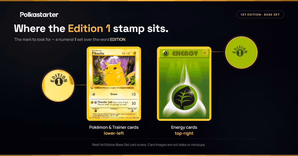 How to Tell If Your Card Is First Edition" | `Where the Edition 1 stamp sits: lower left on Pokémon and Trainer cards, top right on Energy cards