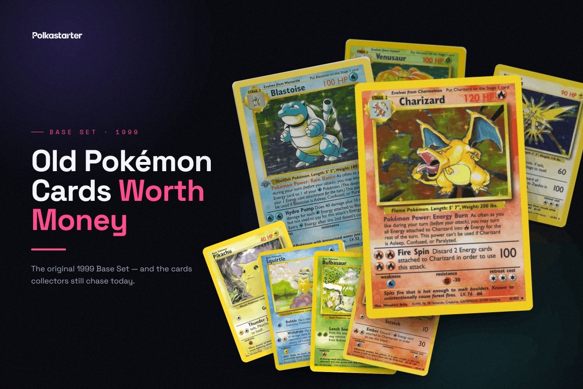 A pile of old 1999 Base Set Pokémon cards with a holo Charizard on top, the old cards worth money
