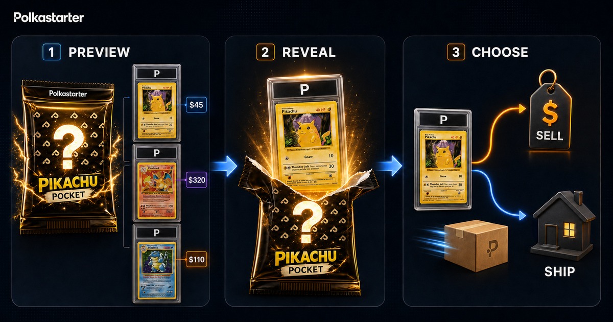 How Pack Opening Works on Polkastarter, The Polkastarter Lootbox flow: see the loaded cards, open the pack, then sell your pull or ship it home