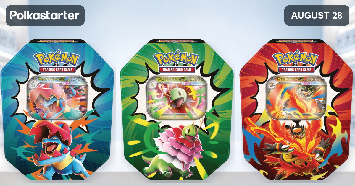The three Ascended Heroes tins arriving August 28 with reprinted Mega Feraligatr ex, Mega Meganium ex, and Mega Emboar ex promos