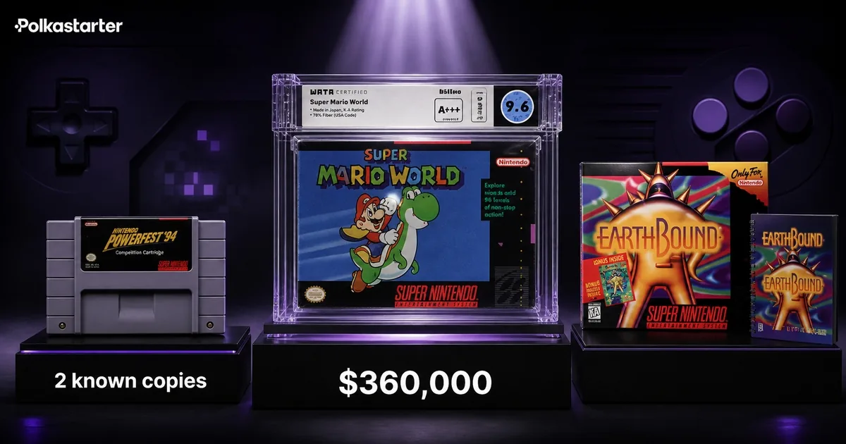 The most valuable SNES games: the sealed Super Mario World record copy, the Nintendo PowerFest '94 cartridge, and the EarthBound big box