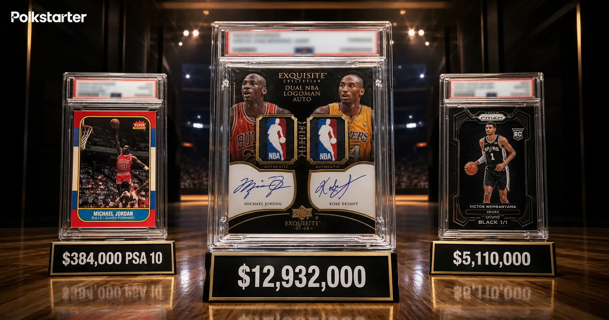 The most expensive basketball cards: the Jordan and Kobe dual Logoman, the 1986 Fleer Jordan rookie, and the Wembanyama Prizm Black