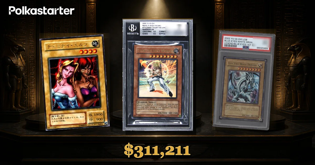 The most expensive Yu-Gi-Oh cards: Tyler the Great Warrior, the Gemini Elf prize card, and the 1st Edition Blue-Eyes White Dragon