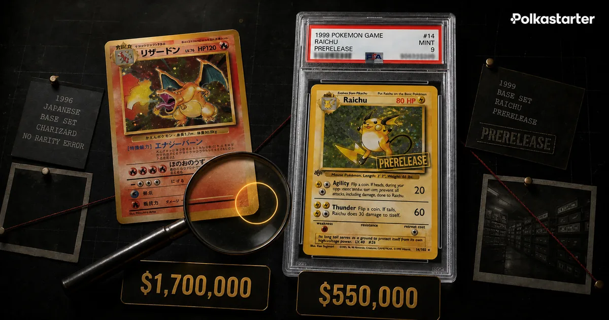 Pokemon error cards worth money: the Prerelease Raichu, No Rarity Charizard, and famous misprints