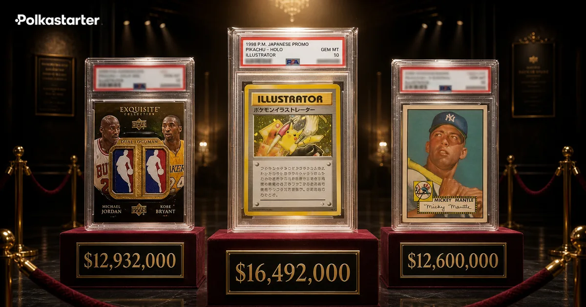 The most expensive trading cards ever sold: the Pikachu Illustrator, the Jordan Kobe dual Logoman, and the 1952 Mantle