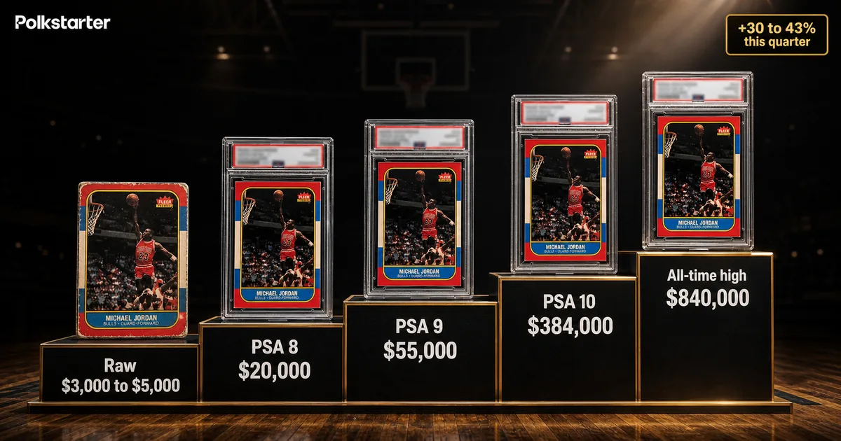 The Jordan Section, The 1986 Fleer Michael Jordan rookie grade ladder from raw to the $384,000 PSA 10
