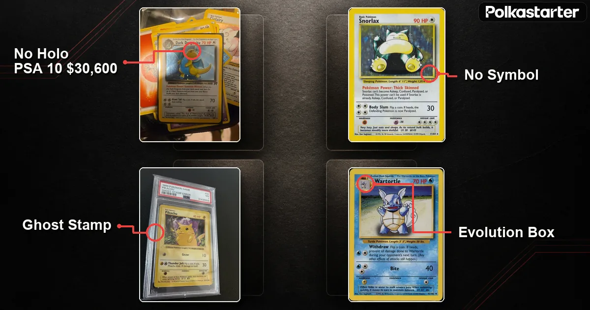 The Famous Errors You Can Actually Find, Recognizable Pokemon error cards: Dark Dragonite no holo, Jungle no symbol, Ghost Stamp Pikachu, and the Wartortle evolution box