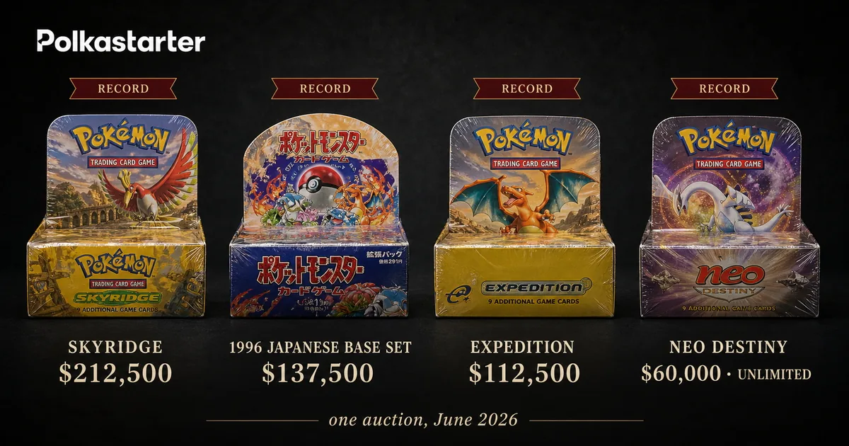 The June 2026 Records Wave, Four Pokemon booster box records from one Heritage auction: Skyridge, Japanese Base Set, Expedition, and Neo Destiny