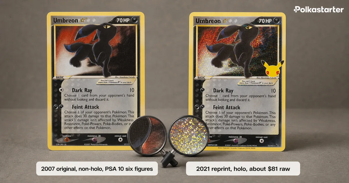 The Two Gold Stars, 2007 POP Series 5 Gold Star Umbreon versus the 2021 Celebrations reprint, non-holo versus holo