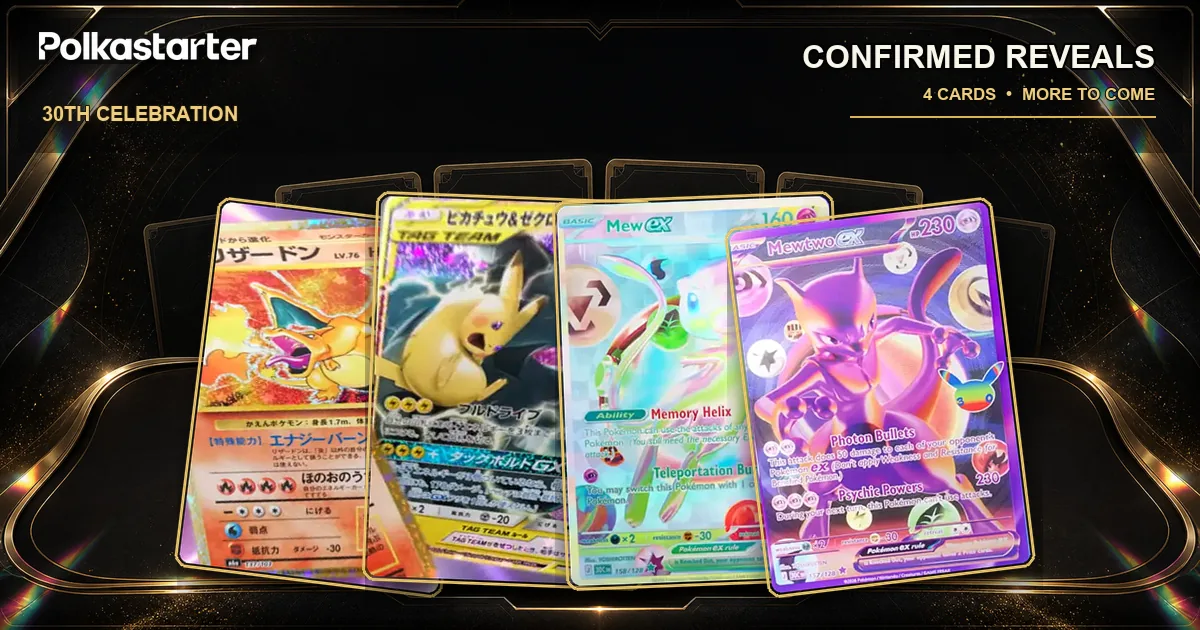 Every Card Revealed So Far, The 30th Celebration reveals so far: the YOSHIROTTEN Futuristic Rare Mewtwo and Mew and the Base Set Charizard reprint