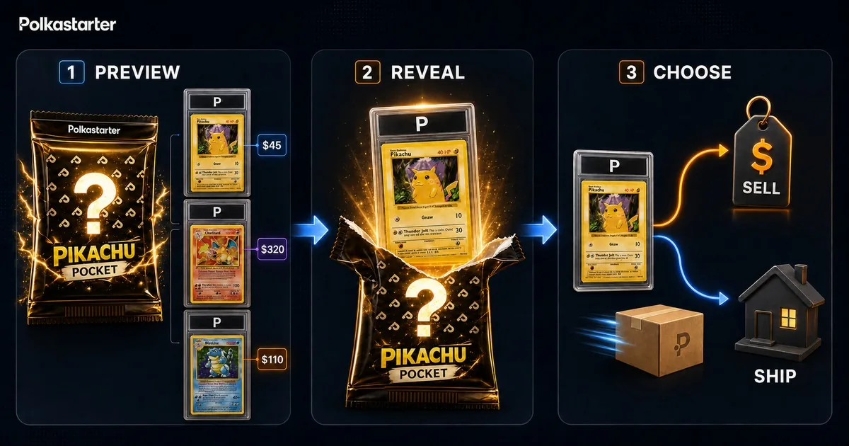 How Pack Opening Works on Polkastarter, The Polkastarter Lootbox flow: see the loaded cards, open the pack, then sell your pull or ship it home