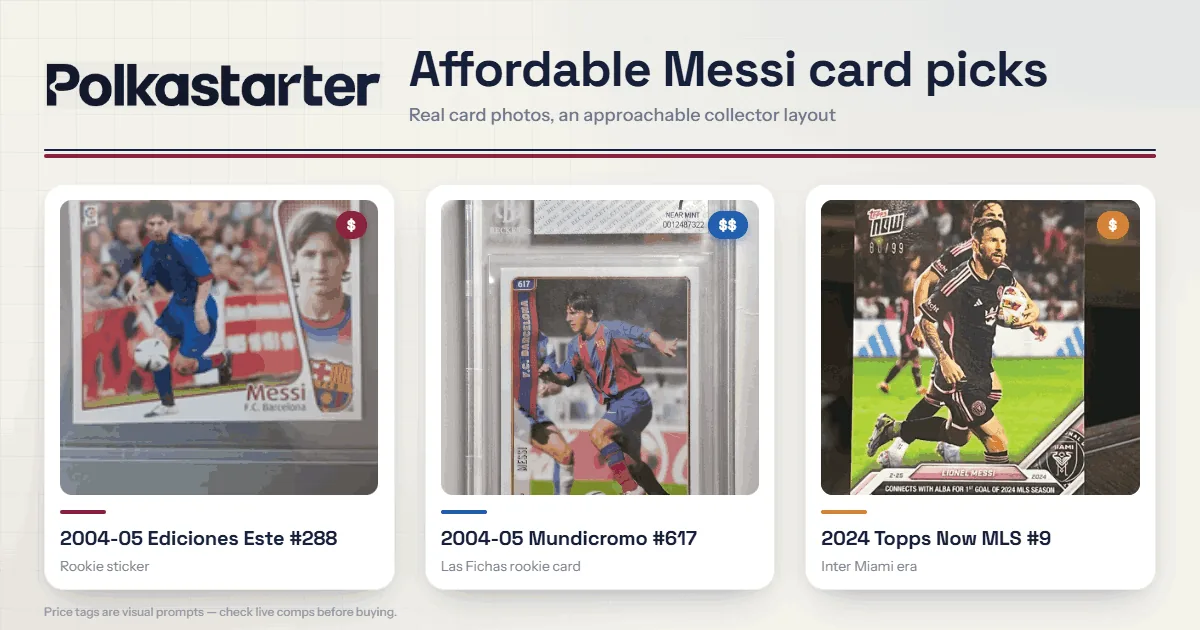 Affordable Messi Cards to Buy, Affordable Lionel Messi cards, the Ediciones Este and Mundicromo rookie-year stickers and modern base cards