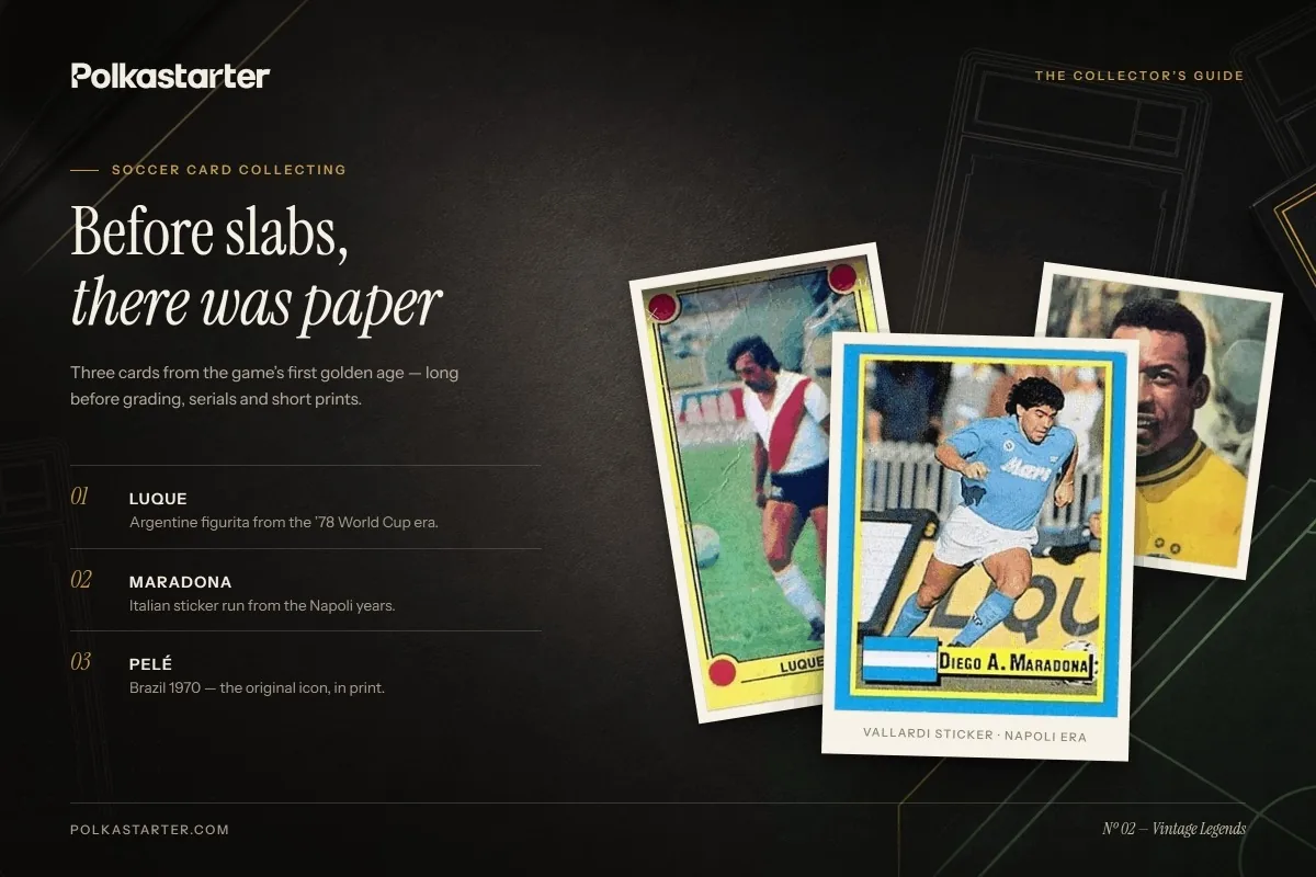 The most valuable soccer cards, led by the Lionel Messi rookie grail, next to a 2026 World Cup chase card