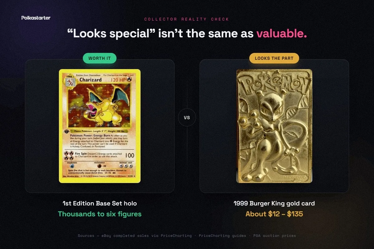 The Old Cards People Think Are Valuable, A valuable 1st Edition Base Set holo beside a common 1999 Burger King gold card, one is worth thousands, one is not