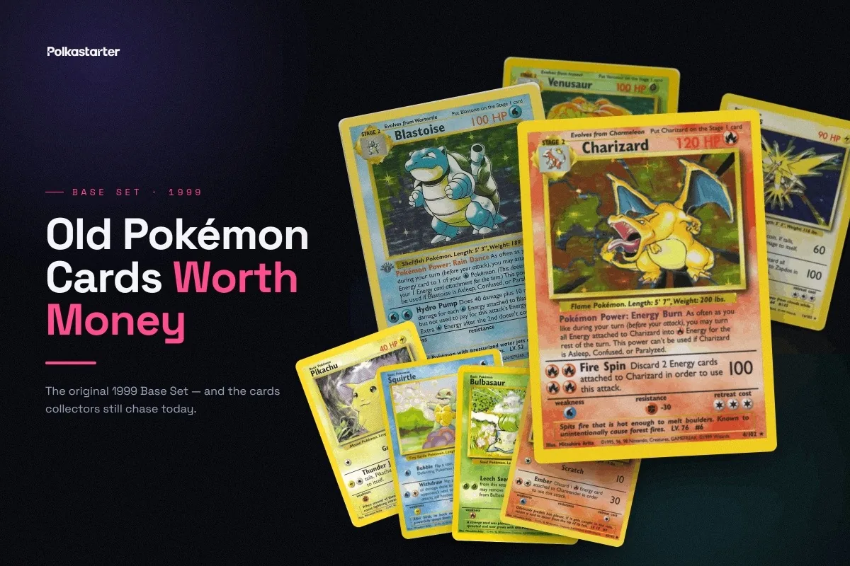 A pile of old 1999 Base Set Pokémon cards with a holo Charizard on top, the old cards worth money