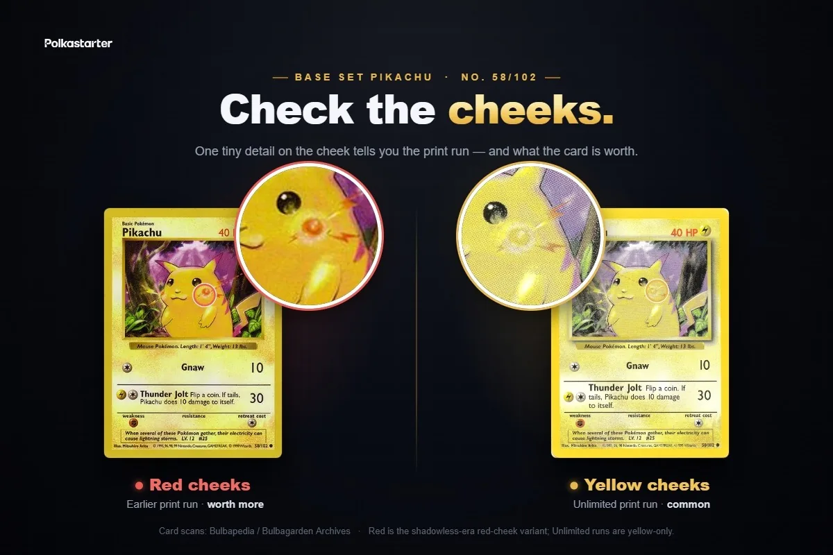How to Tell If Your Pikachu Is Valuable, Base Set Pikachu red cheeks versus yellow cheeks, the early red-cheek print is scarcer and worth more