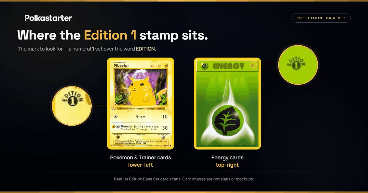 How to Tell If Your Card Is First Edition" | `Where the Edition 1 stamp sits: lower left on Pokémon and Trainer cards, top right on Energy cards