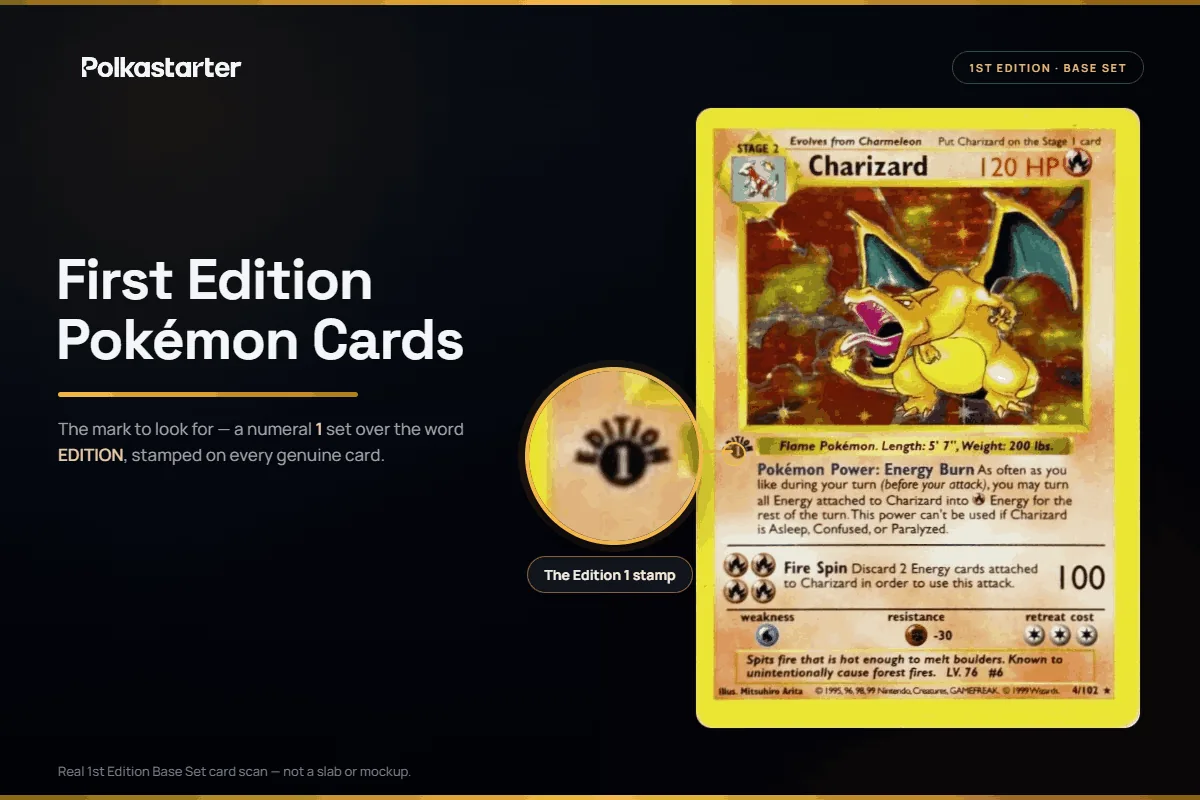 A first edition Base Set Pokémon card with the black Edition 1 stamp on the lower left of the artwork circled