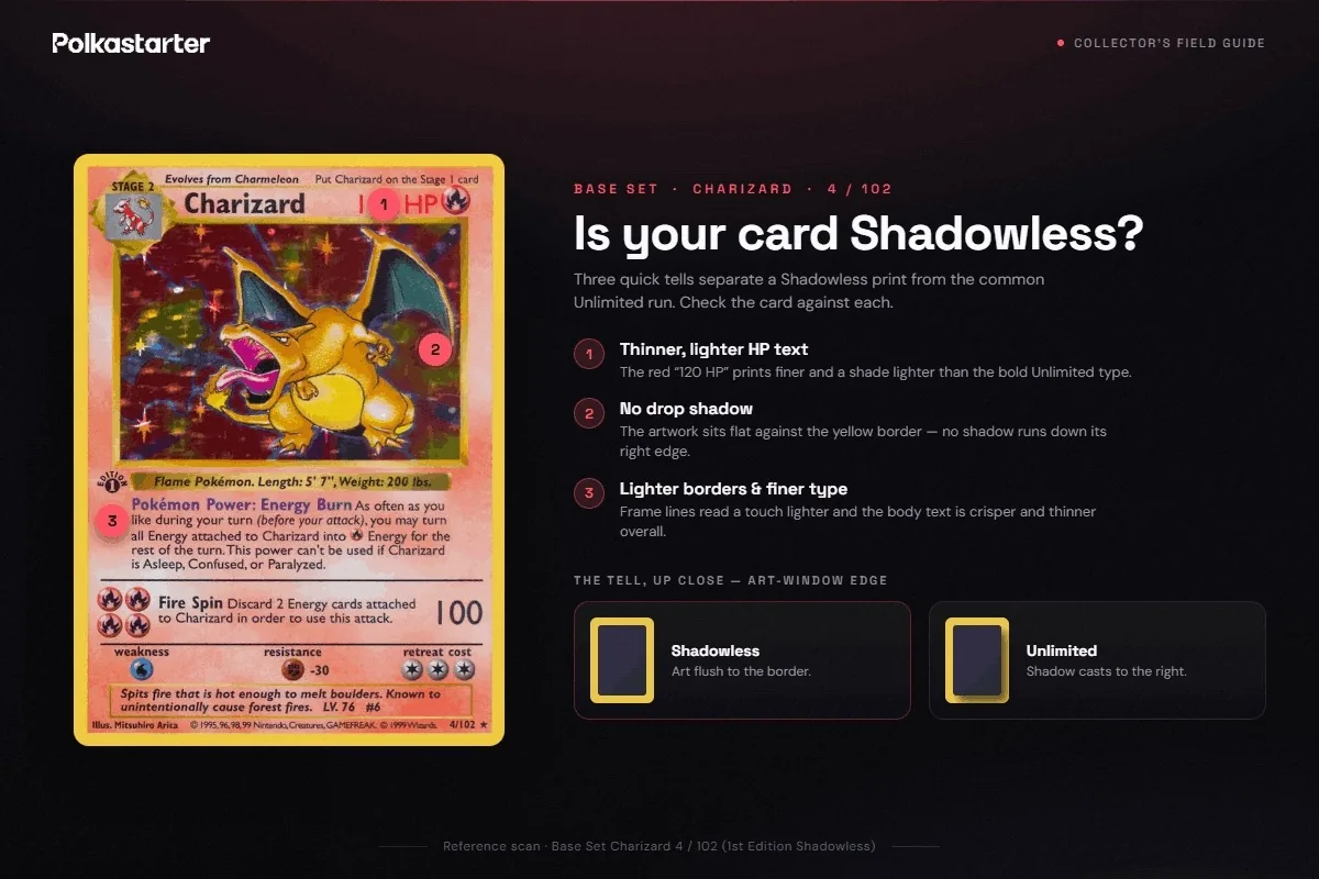 How to Tell If Your Card Is Shadowless, Shadowless Pokémon card identification: no drop shadow on the art box, thinner HP text, and lighter borders