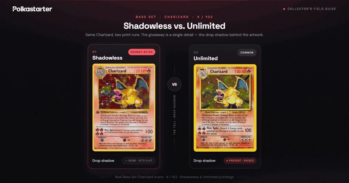 A shadowless Base Set Pokémon card beside the Unlimited version, with the missing drop shadow on the artwork box highlighted