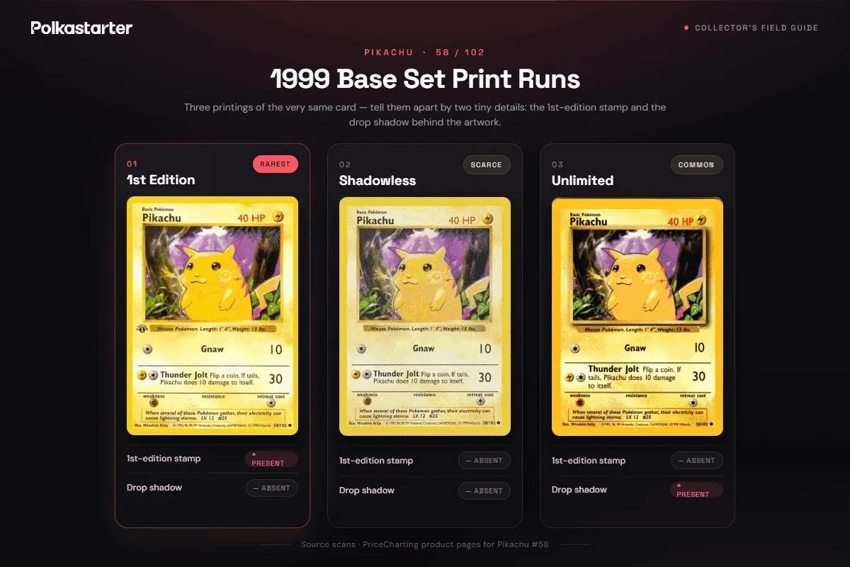 Shadow vs Shadowless vs Unlimited, The three Base Set print runs side by side: 1st Edition with the Edition 1 stamp, Shadowless, and shadowed Unlimited