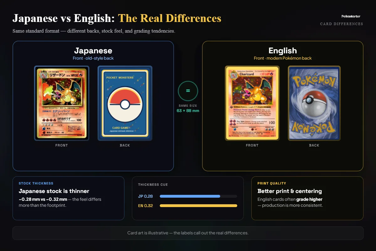 Japanese vs English: the Real Differences" | `Japanese versus English Pokémon card differences: back design, thickness, and print quality side by side