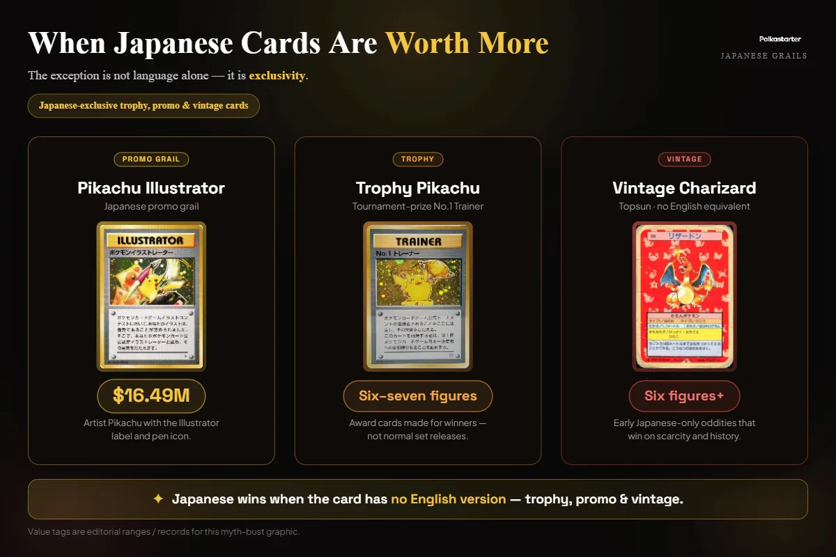 "When a Japanese Card IS Worth More" | `Japanese-exclusive grails: the Pikachu Illustrator and a trophy Pikachu, the most valuable Pokémon cards