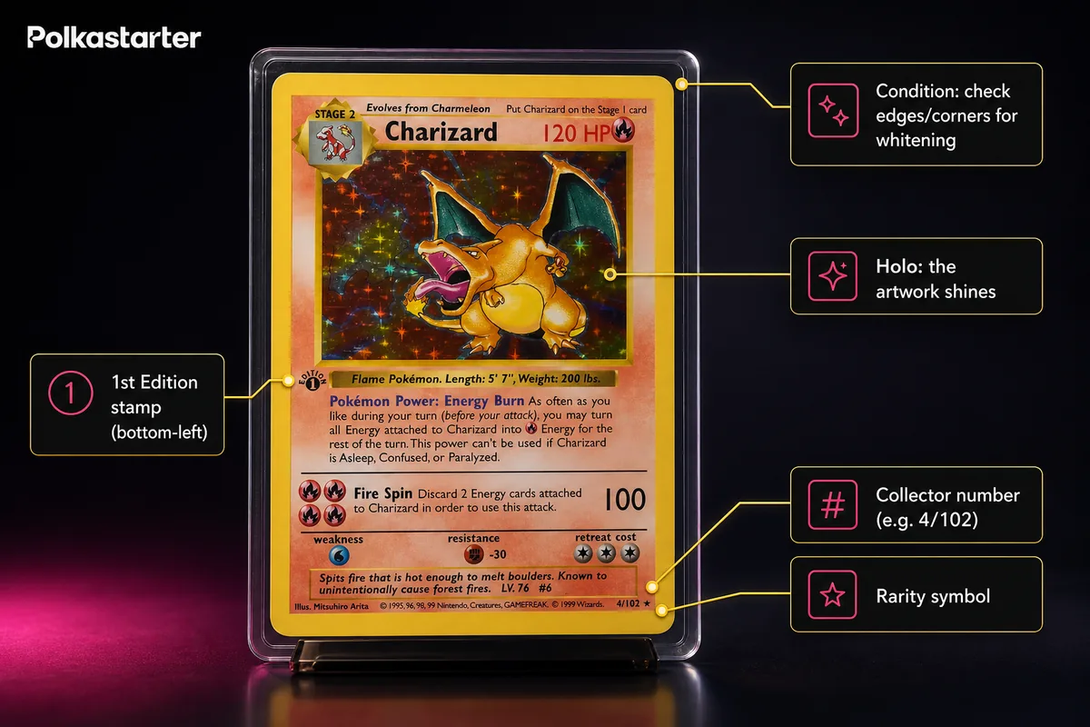 How to Tell If Your Card Is Valuable" | `Annotated Pokémon card showing the 1st Edition stamp, the shadowless drop-shadow area, the holo, and the collector number