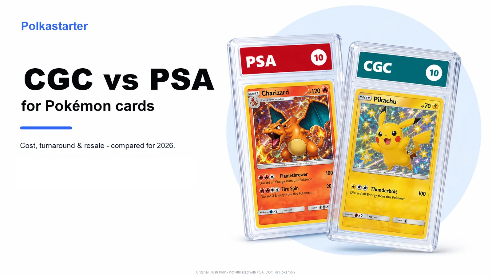 CGC vs PSA comparison for Pokémon cards 2026: two stylized graded-card slabs (PSA red label, CGC teal label) beside the headline