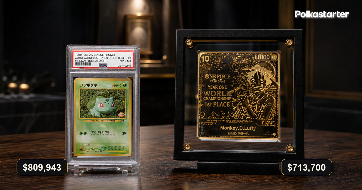 PSA 8 Snap Bulbasaur CoroCoro Best Photo promo and the One Piece Luffy trophy card, the two headline sales of Goldin's $18 million Summer TCG Elite Auction