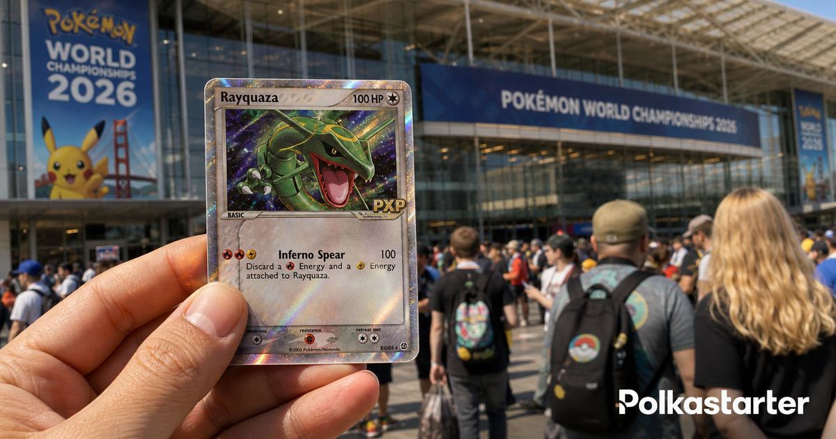 Foil Rayquaza PXP stamped promo card held up in front of Moscone Center before Pokemon Worlds 2026 in San Francisco