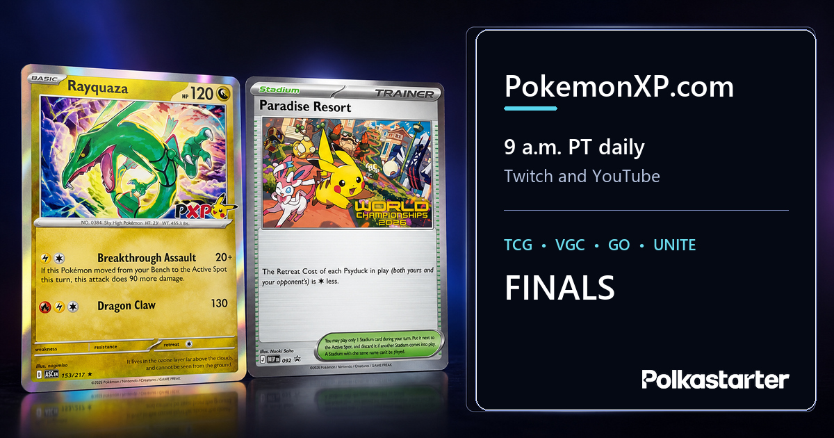 How to Watch Every World Title Free, Free Pokemon Worlds 2026 livestream schedule graphic beside the stamped Rayquaza and Paradise Resort promo cards