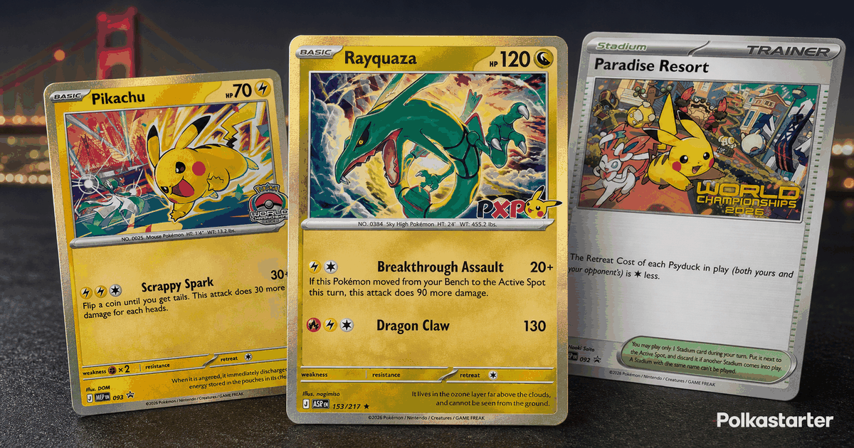 Worlds 2026 promo cards, the PXP stamped Ascended Heroes Rayquaza and the San Francisco Worlds Pikachu MEP 093