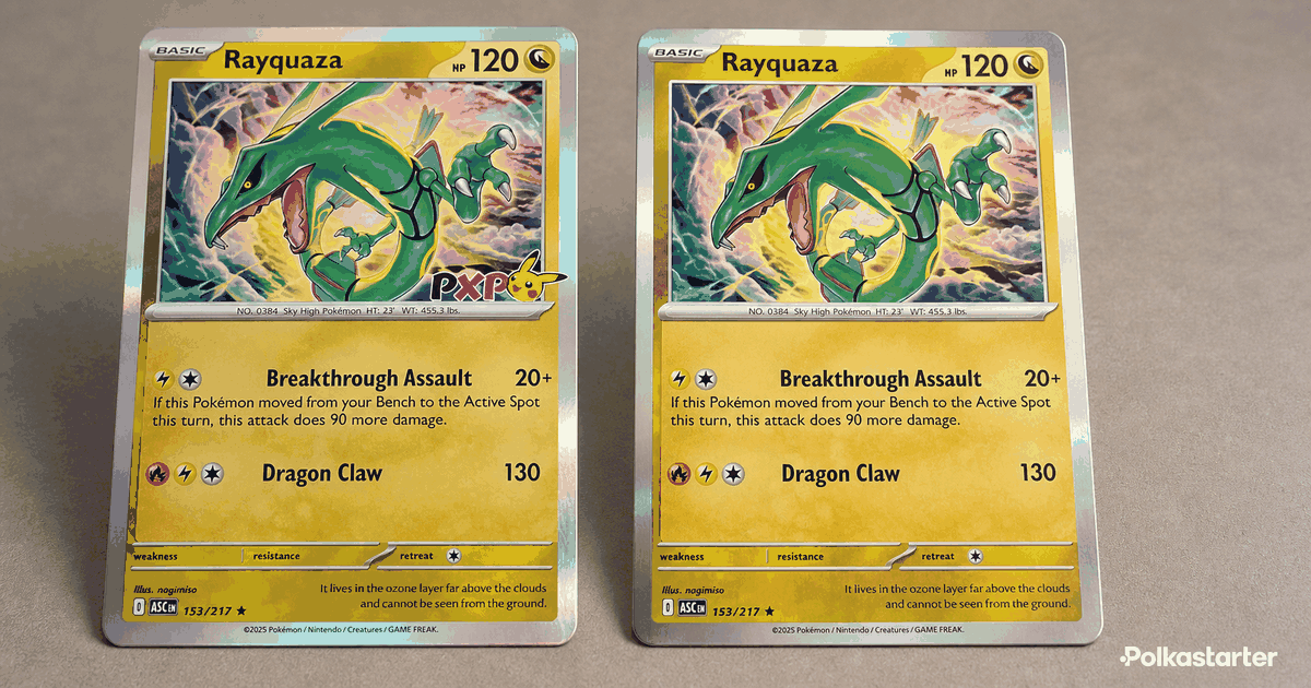 The PXP Rayquaza Every Attendee Gets, Close up of the PXP corner stamp on Ascended Heroes Rayquaza 153/217 beside an unstamped base copy