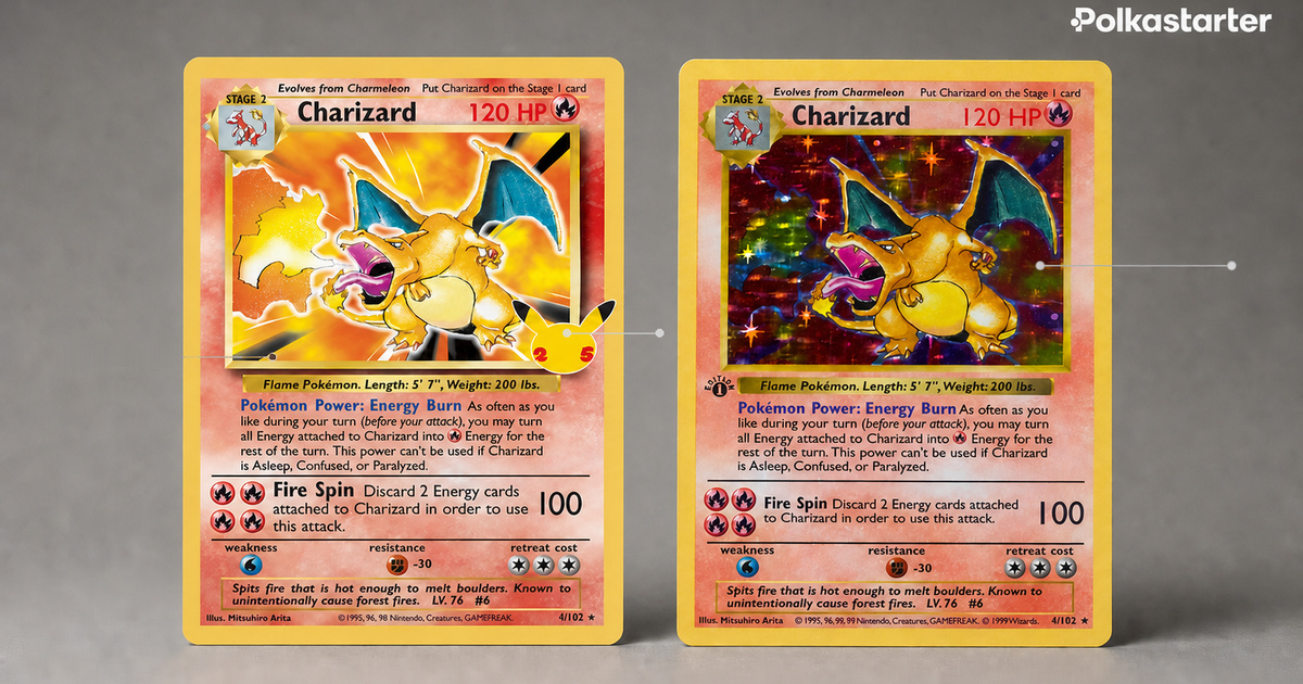 The Vintage Price Question Everyone Is Asking, 2021 Celebrations Classic Collection Charizard next to the 1999 Base Set Charizard comparison