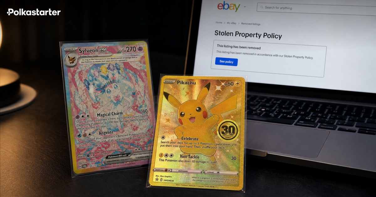 Leaked 30th Anniversary Pokemon TCG cards next to an eBay removal notice citing the stolen property policy