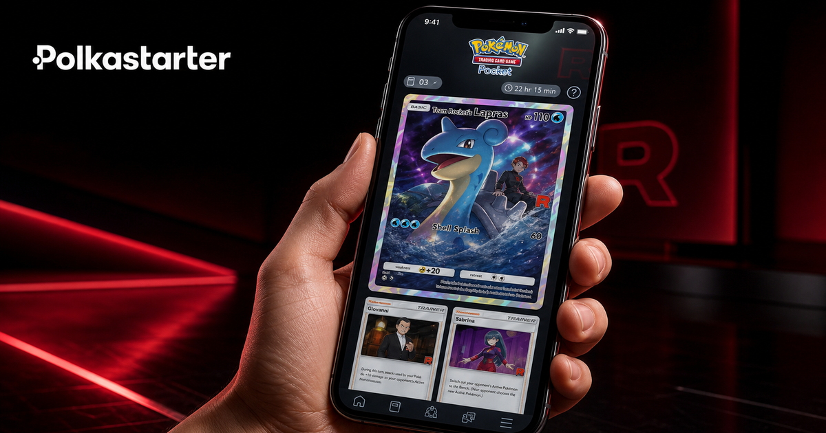 Team Rocket's Ambition expansion key art for Pokemon TCG Pocket with Team Rocket logo card designs