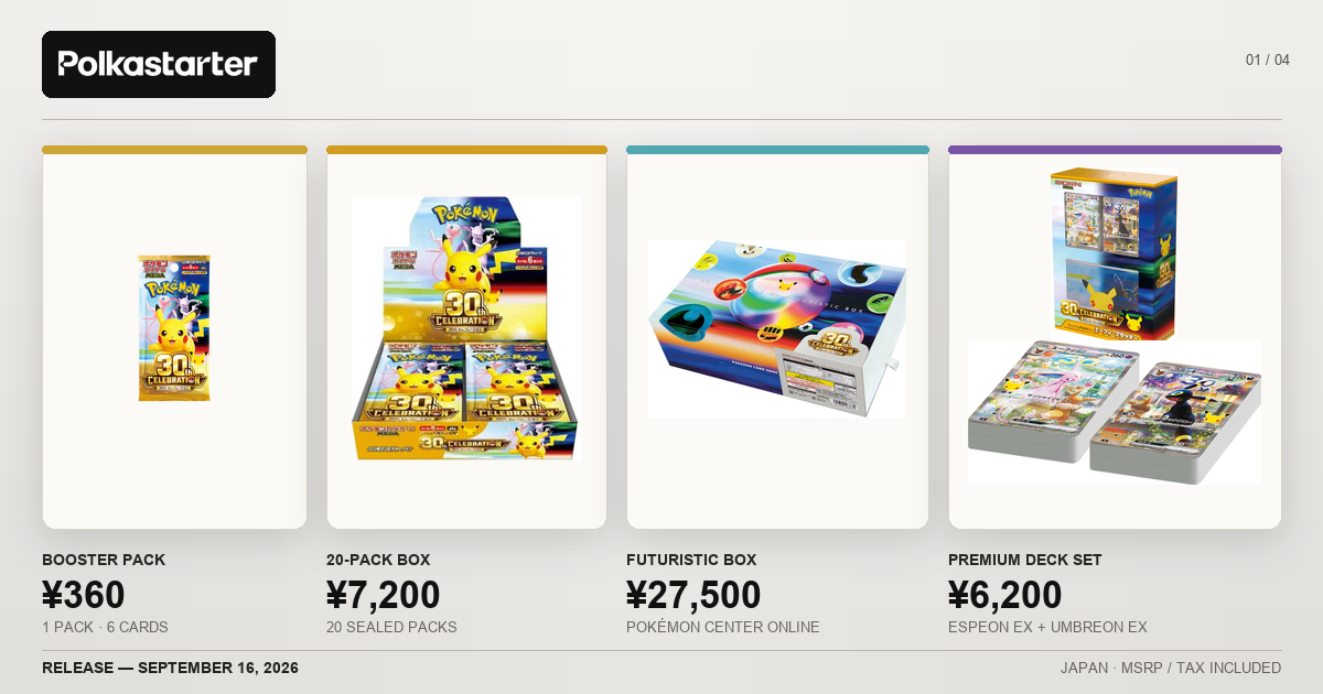 Inside the Set Everyone Wants, 0th Celebration Japan prices, 360 yen packs, 7200 yen booster boxes, 27500 yen FUTURISTIC BOX and 6200 yen Espeon and Umbreon deck set