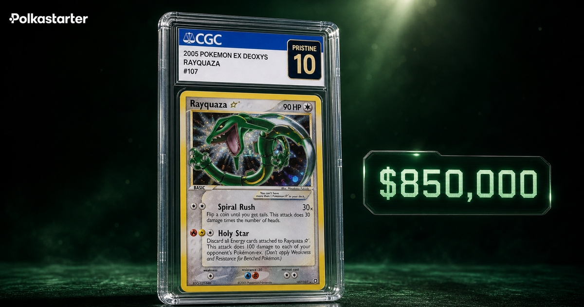 2005 Pokemon EX Deoxys Rayquaza Gold Star 107 in a CGC 10 Pristine slab, bid at $850,000 in the Fanatics Collect August Premier Auction on August 28, 2026