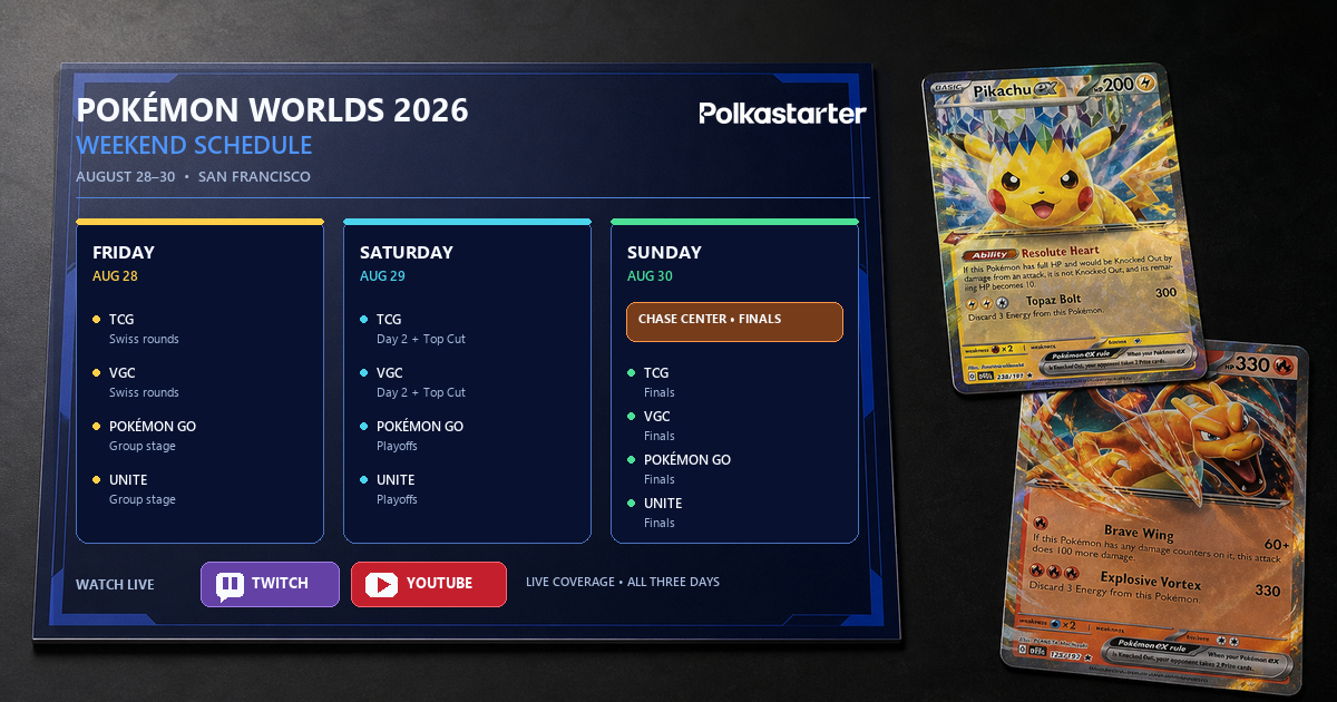 Day One Schedule and Where to Watch" | `Worlds 2026 weekend schedule graphic showing TCG, VGC, Pokemon GO and UNITE streams from August 28 to 30