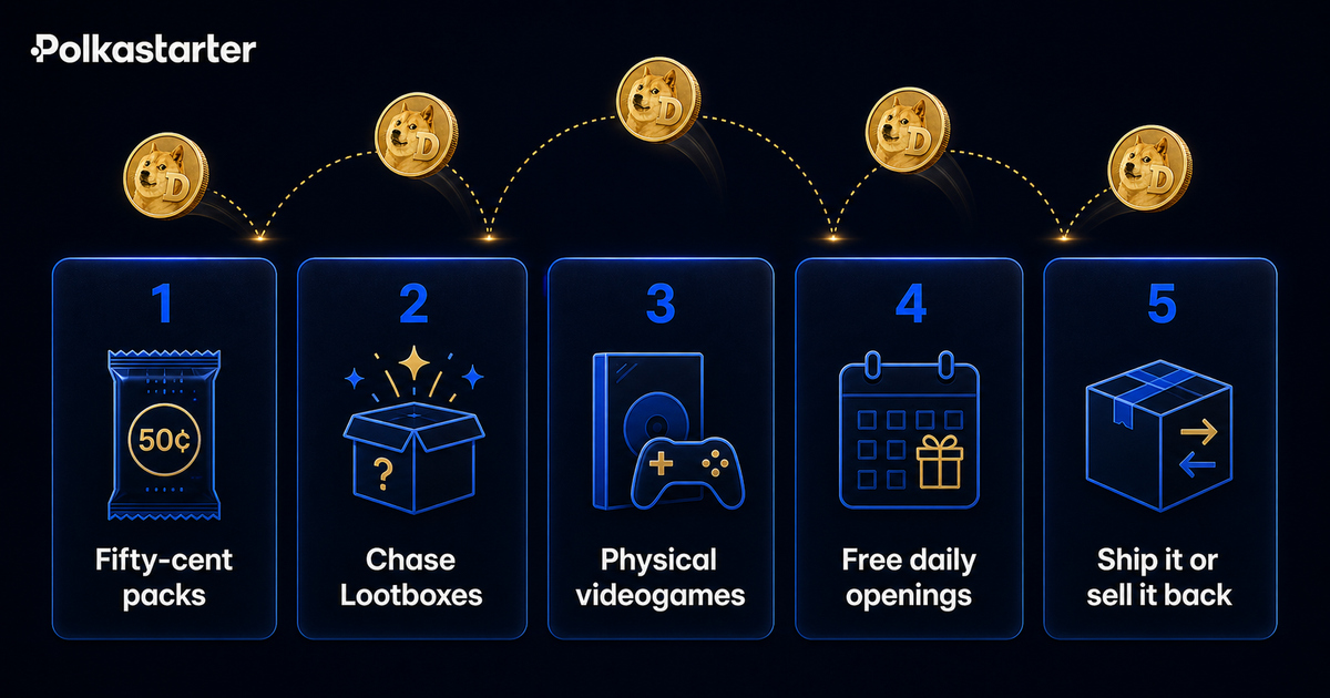 Five Things Your DOGE Buys" | `Five things Dogecoin buys on Polkastarter, from fifty-cent packs to chase Lootboxes