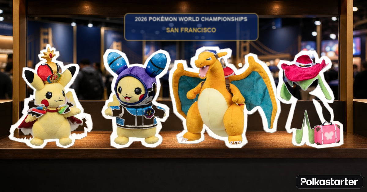 Worlds 2026 Pokemon Center event exclusive plush including the crowned champion Pikachu and PokemonXP Charizard with rocket backpack