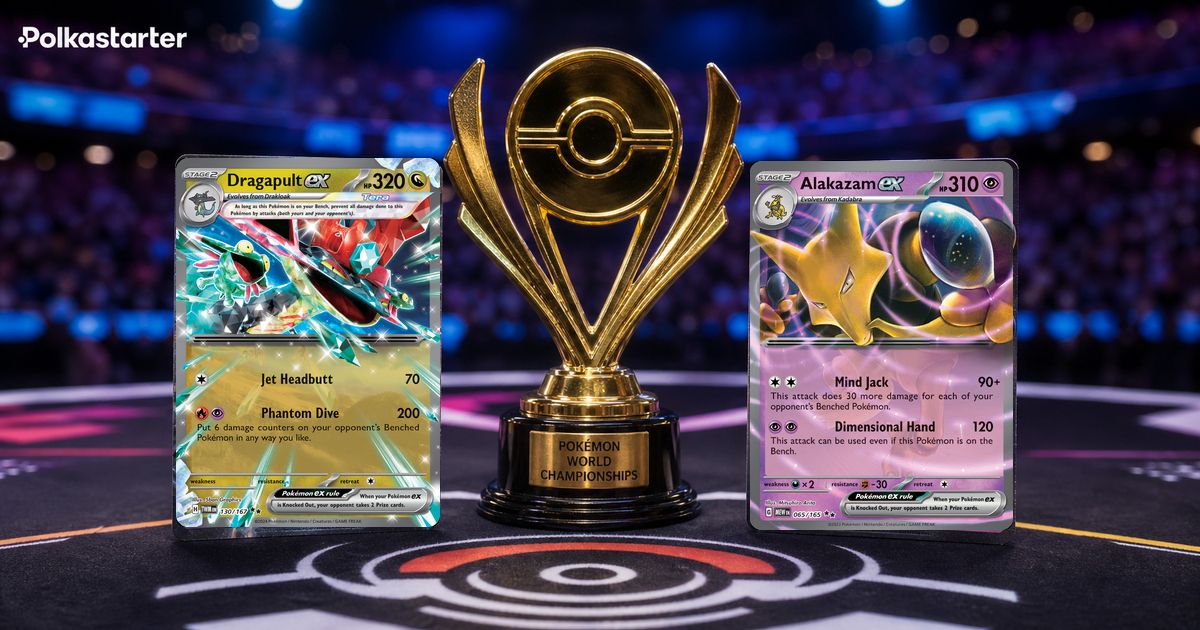Dragapult ex and Alakazam cards face off under arena lights in a 2026 Pokemon TCG World Championship final graphic for Andrew Hedrick's title win