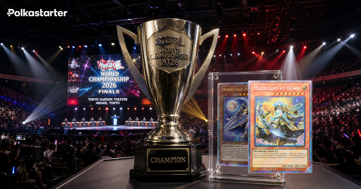 Yu-Gi-Oh World Championship 2026 trophy and the Moonlight at Dawn prize card on the finals stage in Tokyo