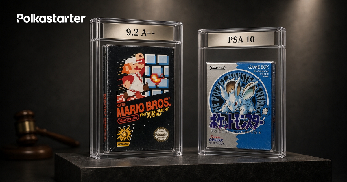 Sealed first-production Mario Bros. NES cartridge in a PSA 9.2 case beside the sealed Pocket Monsters Ao Game Boy box in a PSA 10 case from the Heritage August 2026 auction